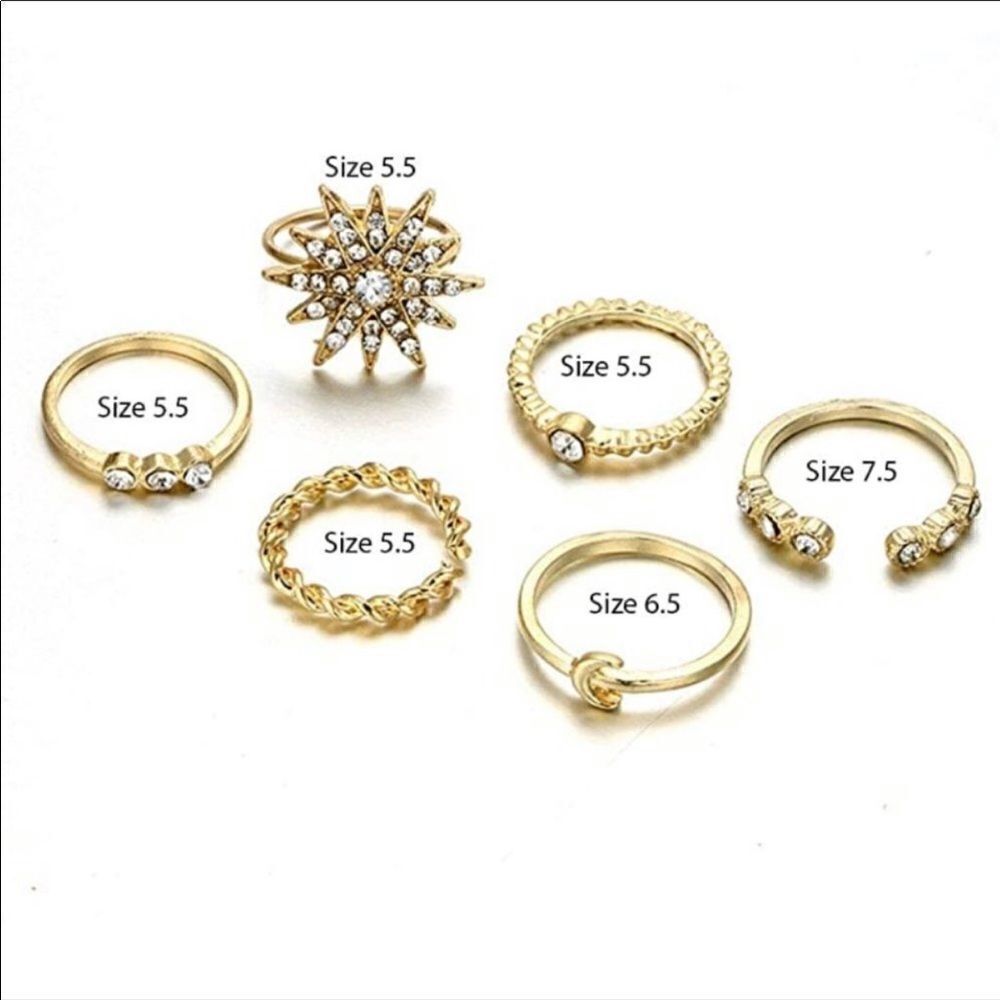 6 Piece Gold Rhinestone Boho Stackable Ring - Picture 3 of 3